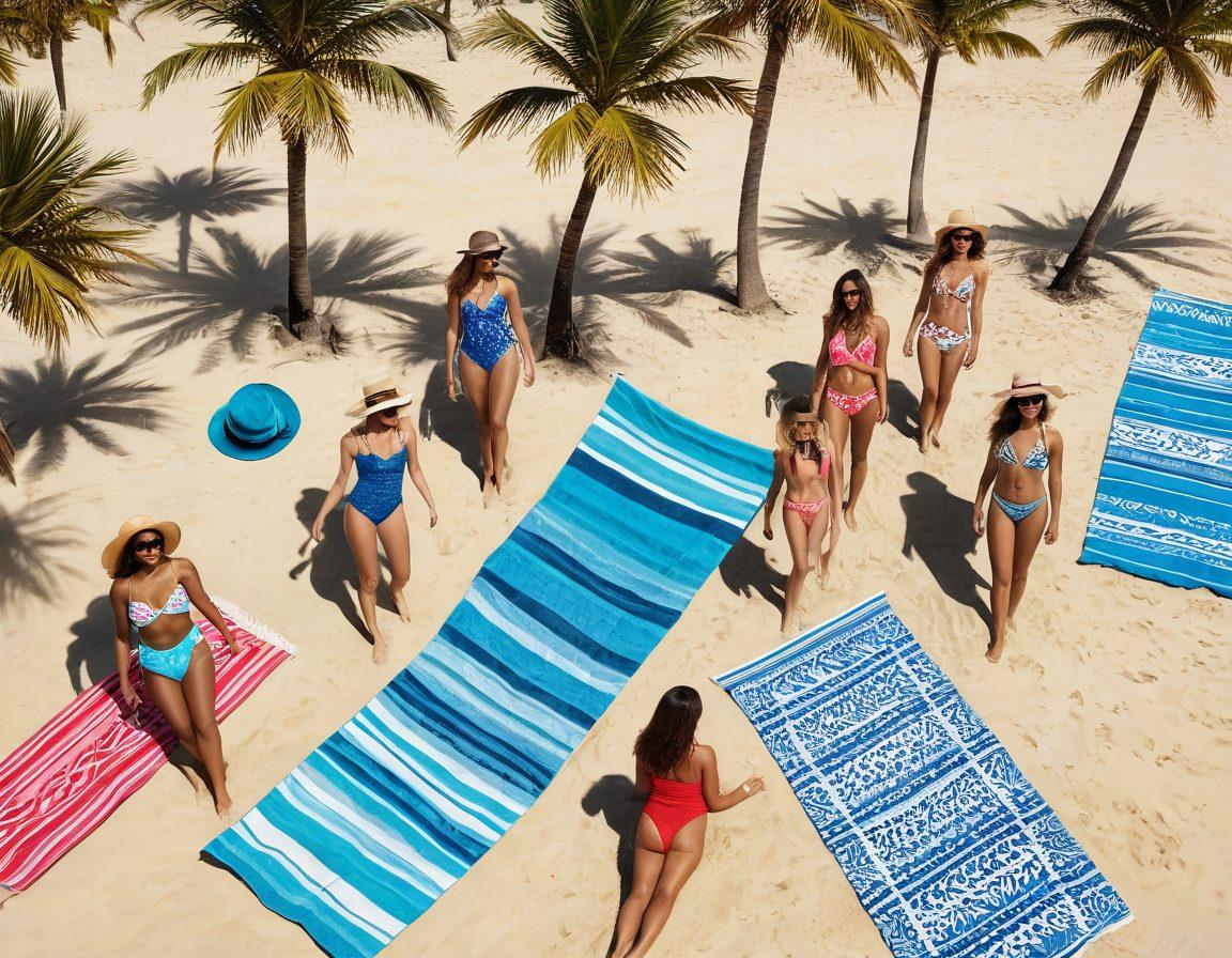 A vibrant beach scene showcasing a diverse group of people wearing stylish swimsuits and vacation attire for 2023, with a backdrop of sun, surf, and palm trees. Include beach accessories like oversized hats, sunglasses, and colorful beach towels. Highlight trendy swimsuit designs with patterns and textures. Emphasize a warm, inviting atmosphere filled with summer vibes. super-realistic. vivid colors. beach setting.
